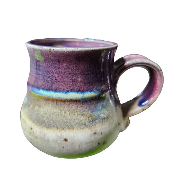 Handmade Pottery Teapot 4 Mugs Cups Signed KS Purple Beige - Picture 13 of 16